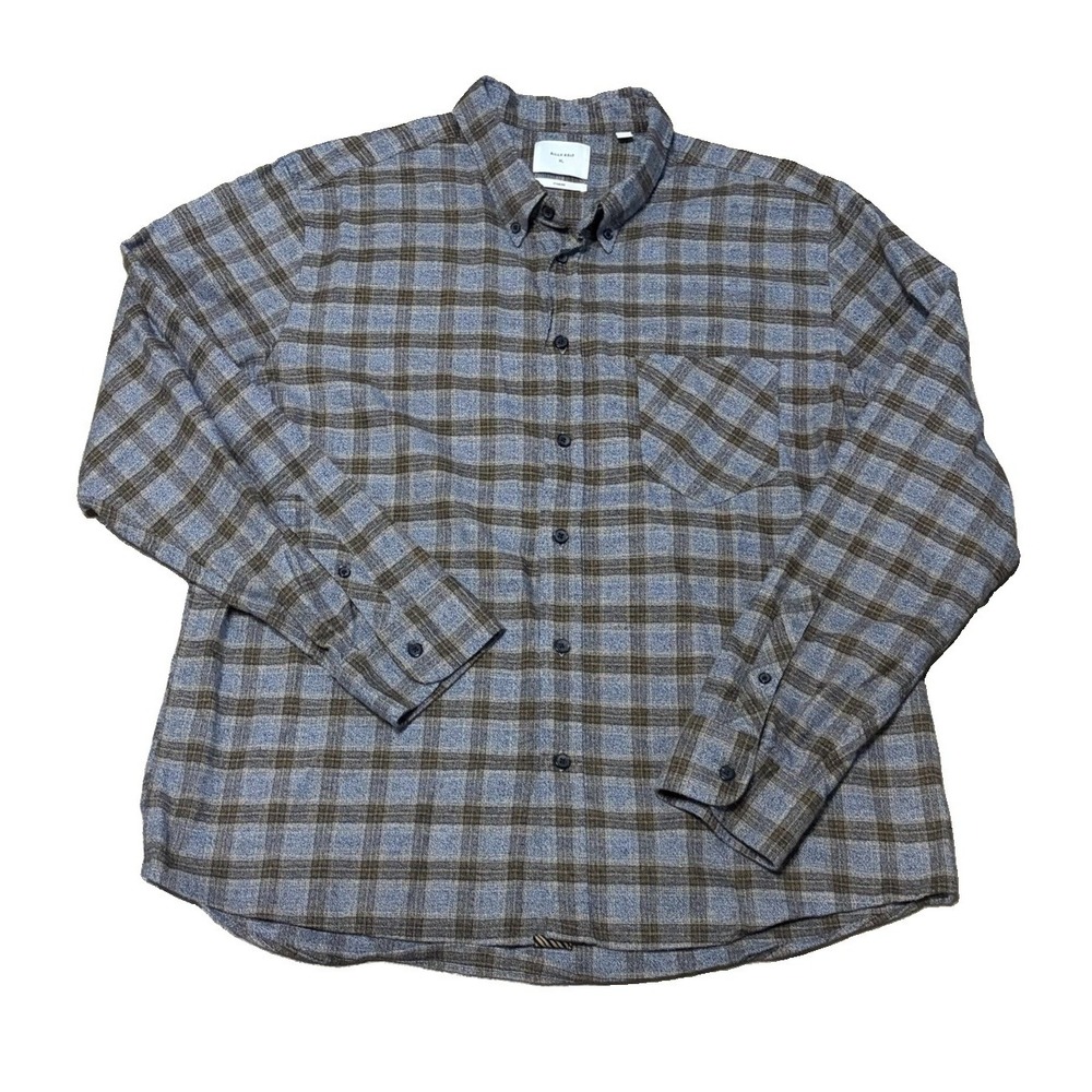 Billy Reid Mens XL Tuscambia Shirt Flannel Check Brown Gray Pocket Button